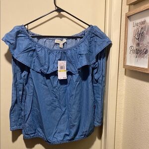 Michael Kors Blue Ruffled 3/4 Sleeve Blouse